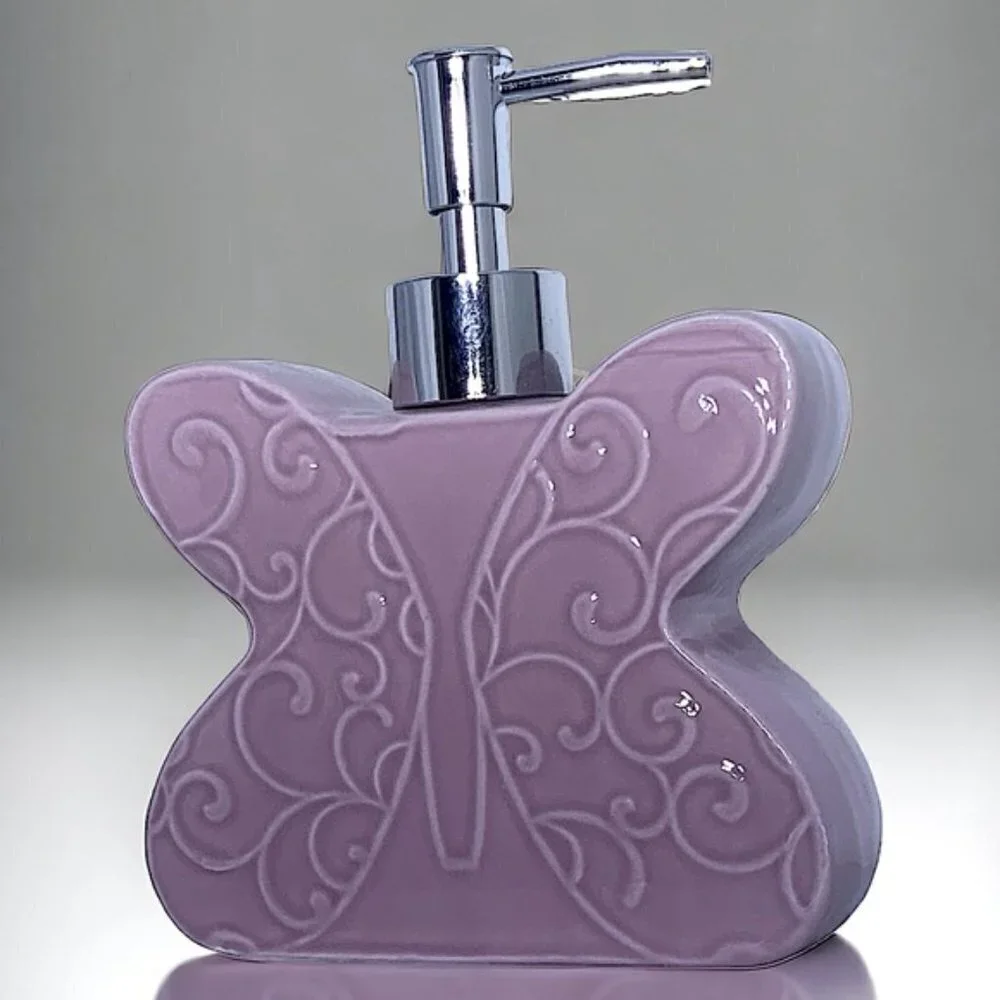 Matt & Maddie Butterfly Soap Lotion Dispenser Embossed 3D Floral Ceramic Pink